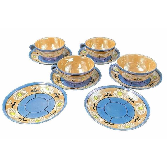 Vintage Japanese Lusterware 4 Teacups and 6 Saucers Set Iridescent Hand Painted - Picture 1 of 16